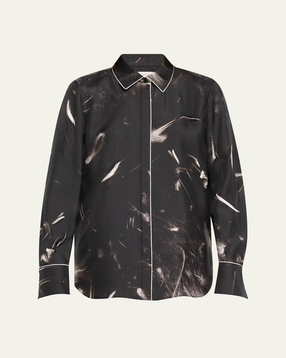 Scottie Piped Abstract-Print Silk Blouse